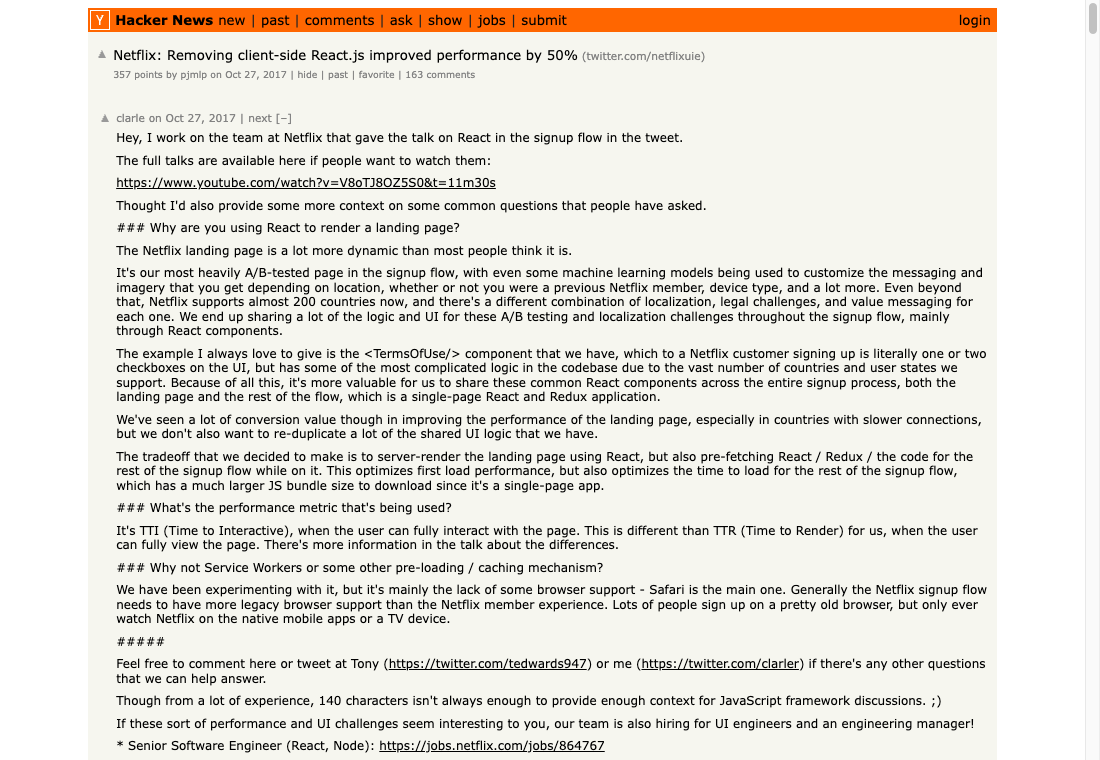 Netflix: Removing client-side React.js improved performance by 50% 스레드. 357 포인트, 댓글 163개. 최상단 댓글은 넷플릭스 당사자 엔지니어의 해명이다