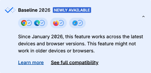 MDN Navigation API 문서의 Baseline 2026 Newly Available 표시. Chrome, Edge, Firefox, Safari 네 브라우저 모두 지원 체크가 붙어 있다