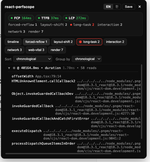 react-perfscope 패널. 강제 리플로우 신호를 펼치면 offsetWidth를 읽은 App.tsx 79번째 줄까지 콜 스택이 나온다