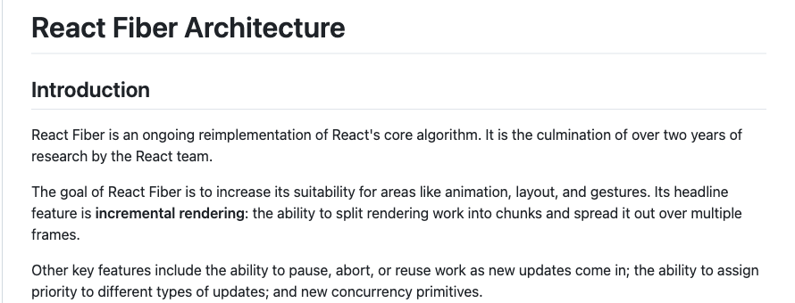 Andrew Clark의 react-fiber-architecture 문서 도입부. incremental rendering이 대표 기능이라고 설명한다