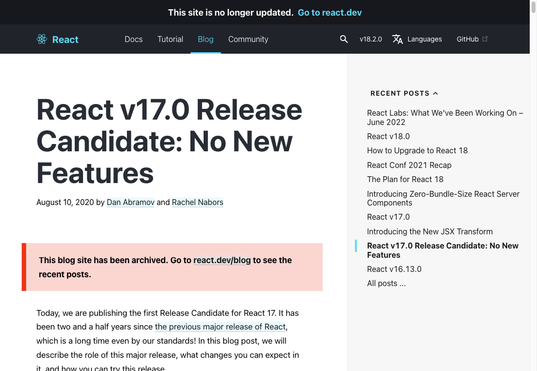 React 공식 블로그의 React v17.0 Release Candidate: No New Features 발표문. 2020년 8월 10일, Dan Abramov와 Rachel Nabors 작성