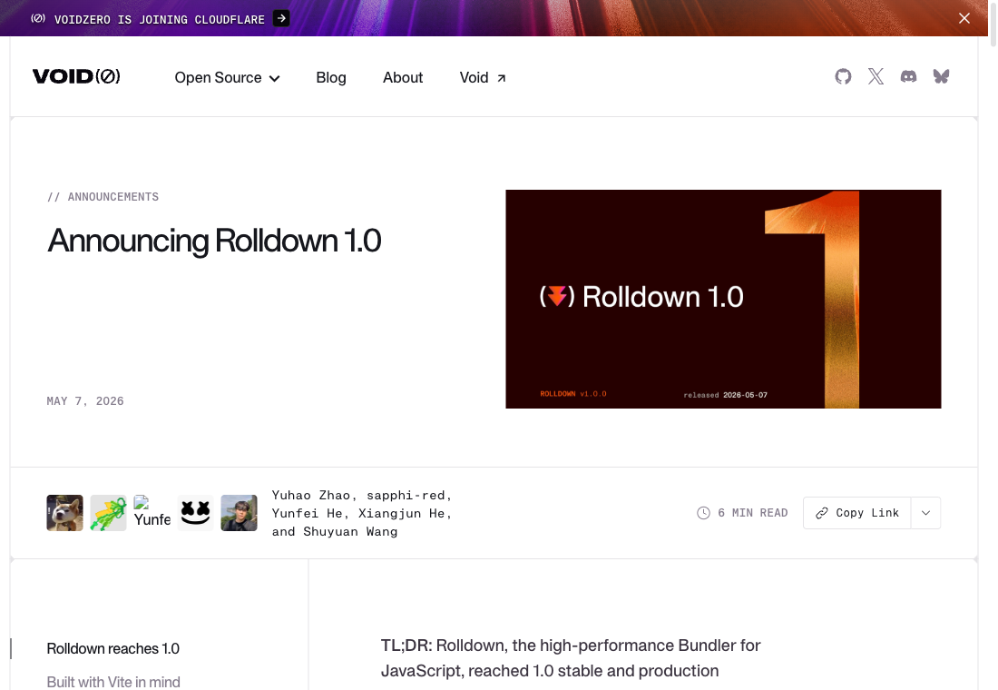 VoidZero의 Announcing Rolldown 1.0 발표문. 2026년 5월 7일, 상단에 VoidZero is joining Cloudflare 배너가 보인다