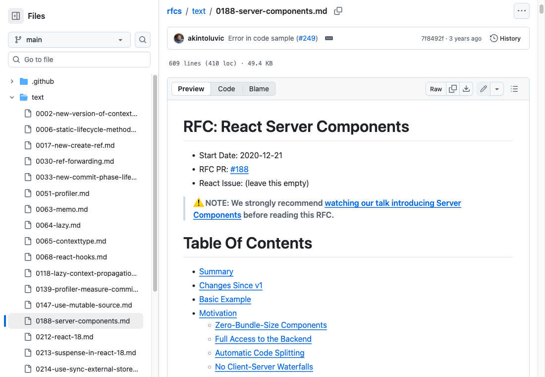 GitHub의 RFC: React Server Components 문서. Start Date 2020-12-21, 목차에 Zero-Bundle-Size Components가 보인다