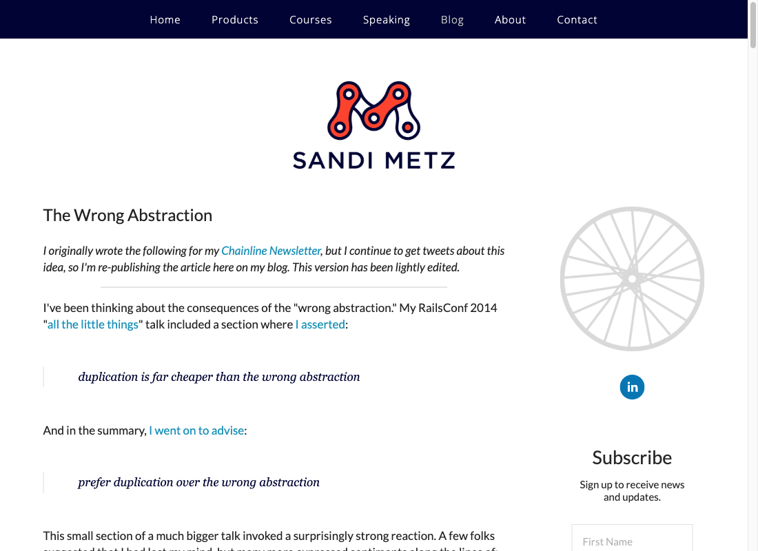 Sandi Metz의 The Wrong Abstraction 블로그 글. duplication is far cheaper than the wrong abstraction 문장이 인용 블록으로 강조되어 있다