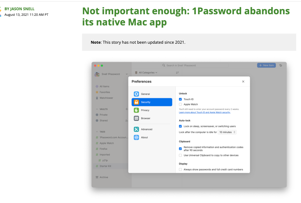 Six Colors에 실린 Jason Snell의 글, Not important enough: 1Password abandons its native Mac app