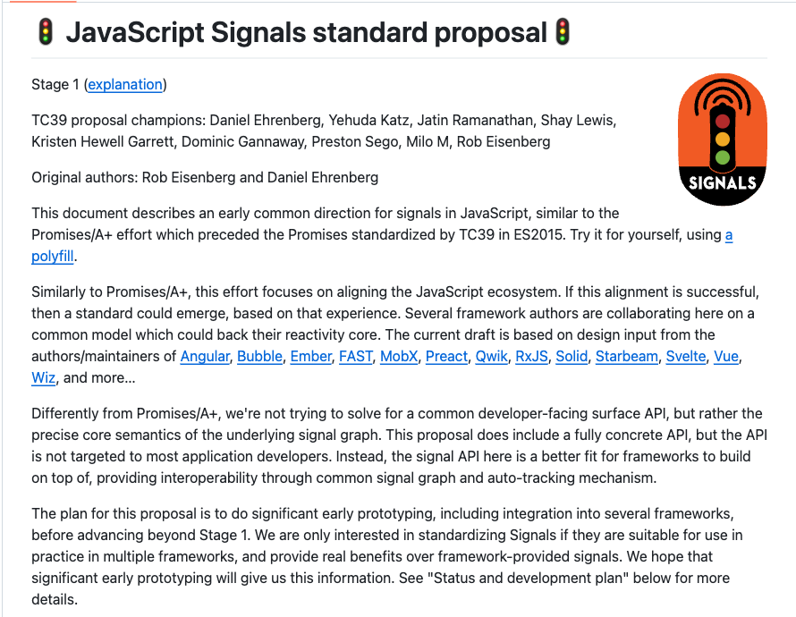 tc39/proposal-signals 저장소의 README. Stage 1이며, Promises/A+ 사례를 명시적으로 참조하고 있다