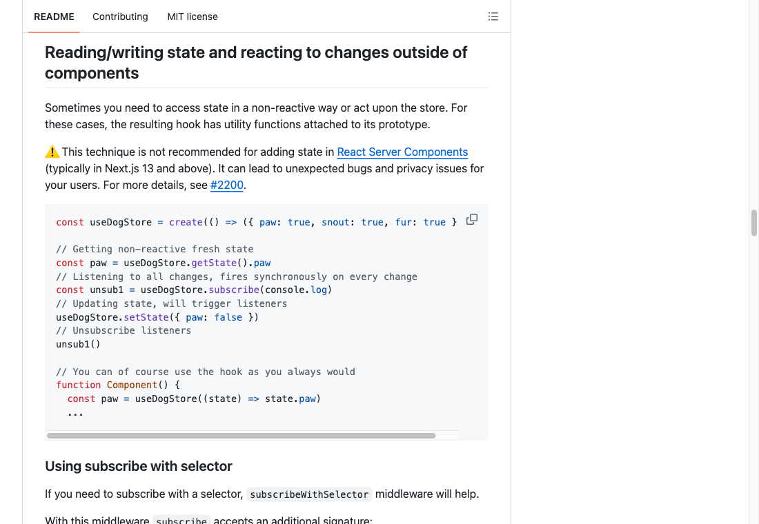 Zustand README의 Reading/writing state and reacting to changes outside of components 섹션. getState와 setState로 컴포넌트 밖에서 상태를 다루는 예시 코드